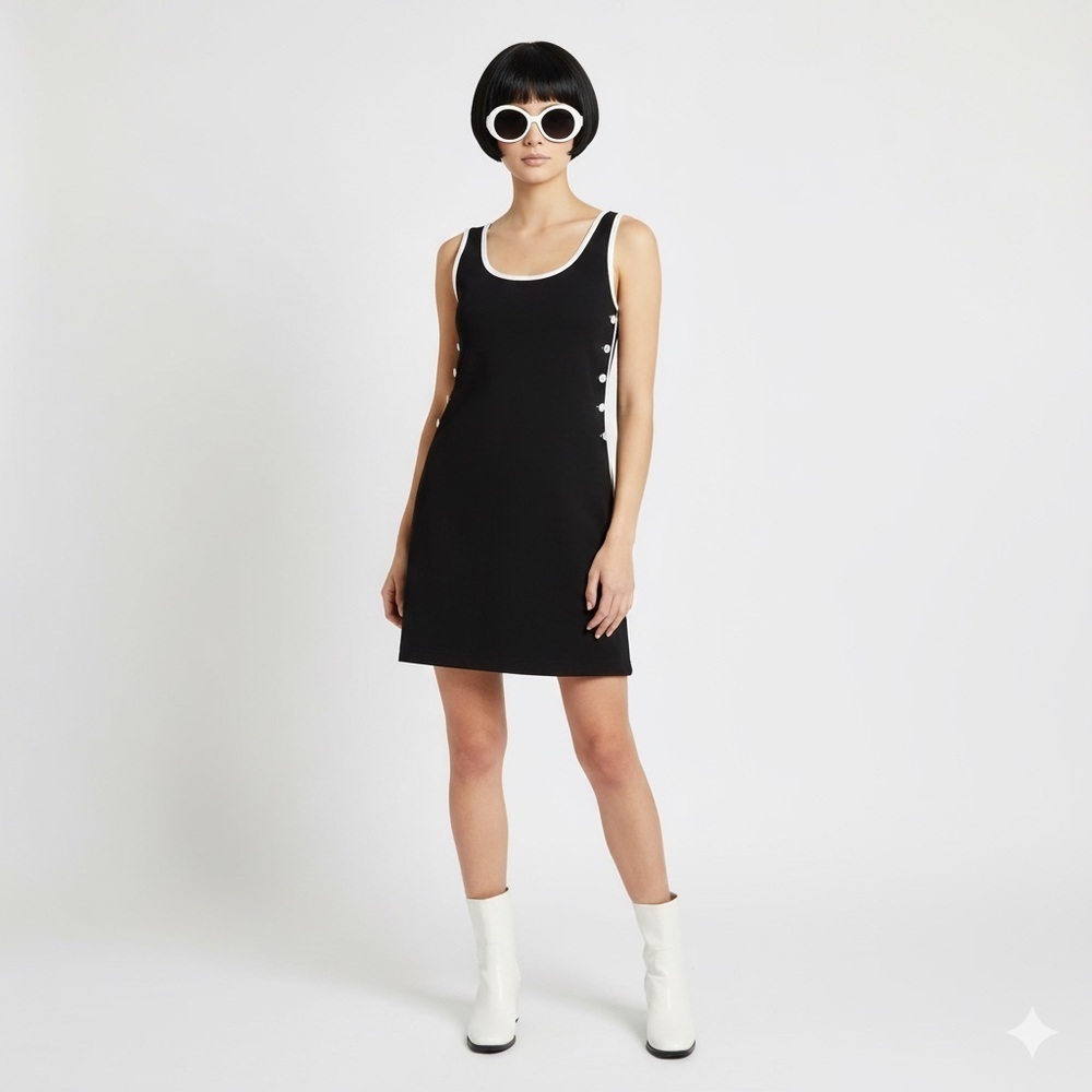 Vintage Black Knit Tank Knee Dress w/ Satin Trim - S/M